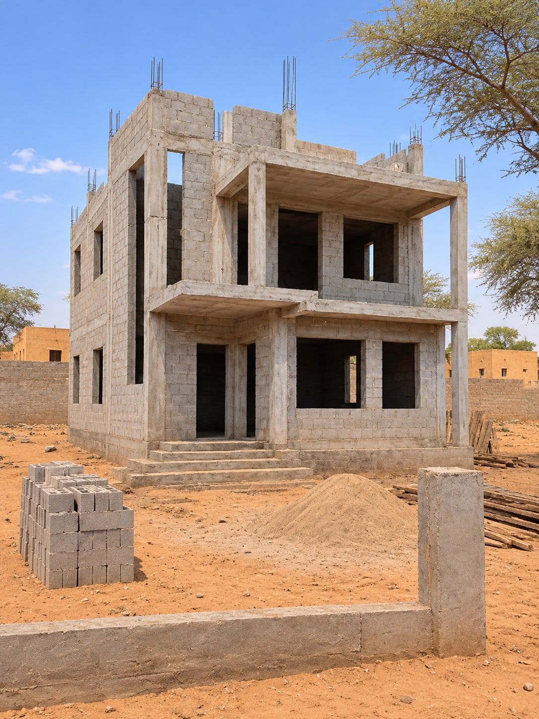 Bâtiment à étage en parpaings et béton armé en cours de construction